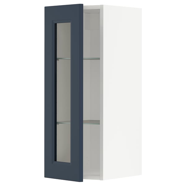 Modern dark blue cabinet with glass door, slim design.