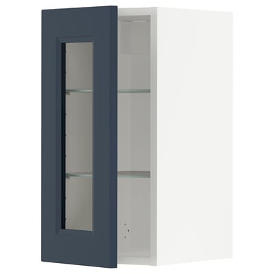 Blue glass door cabinet; modern design, two glass shelves.