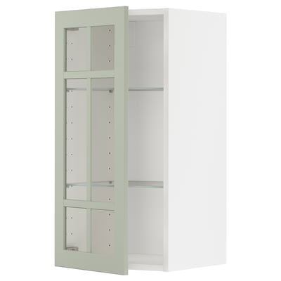 METOD kitchen cabinet: green glass doors, white frame, adjustable shelves, 3-compartment design.