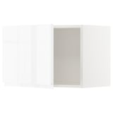 Modern white gloss kitchen cabinet set with sleek, handle-less design.