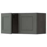 This image shows a dark grey METOD kitchen wall cabinet with one open door, revealing shelving inside.