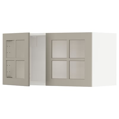 METOD kitchen wall cabinets with beige glass doors, modern minimalist design.