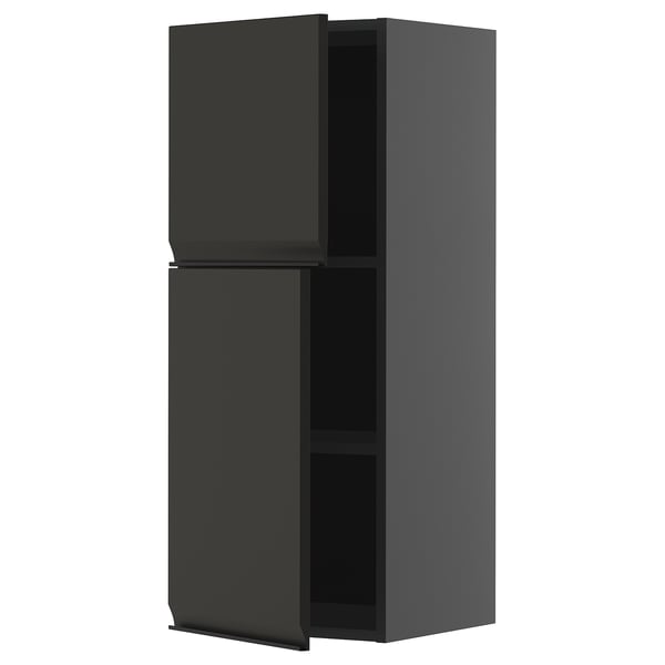 A METOD kitchen cabinet in matte black with a sleek, modern design and adjustable shelves.