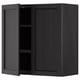 Modern black wall-mounted kitchen cabinet with one open door, displaying an adjustable shelf. Sleek, rectangular, and minimalist design.