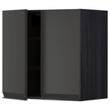 Black METOD kitchen cabinet, rectangular with one open door showing shelves.