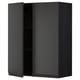 Open black modern kitchen cabinet with wooden texture and adjustable shelf.
