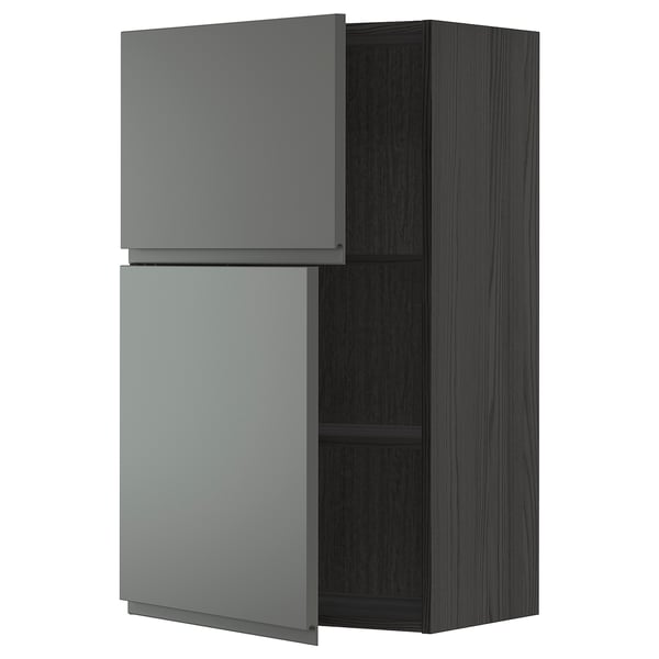Modern gray kitchen cabinet with dark wood finish and integrated handles.