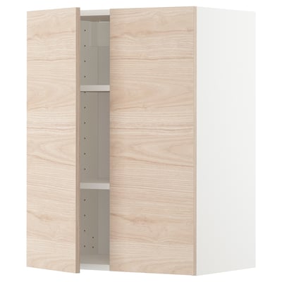 A modern light wood-colored kitchen cabinet with a shelving unit inside. It a sleek, minimalist design with adjustable shelves.