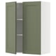 Green kitchen cabinet with one door open, showing adjustable shelf.