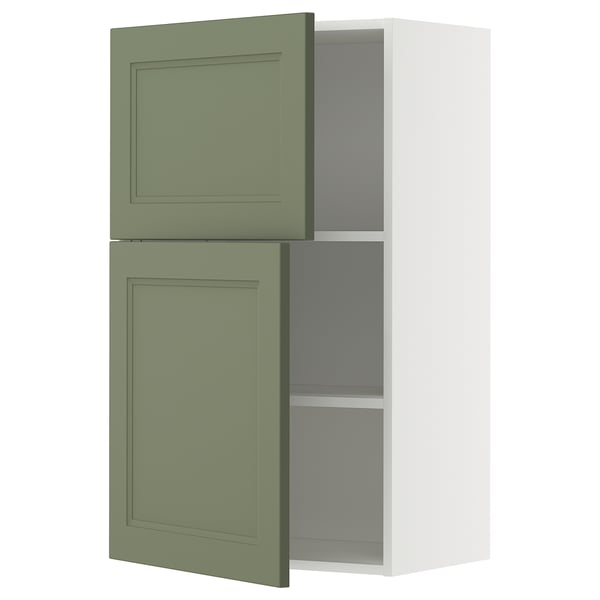 Open green METOD cabinet with two doors on wall unit.