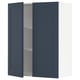 Dark blue kitchen cabinet with one open door showing a shelf inside.