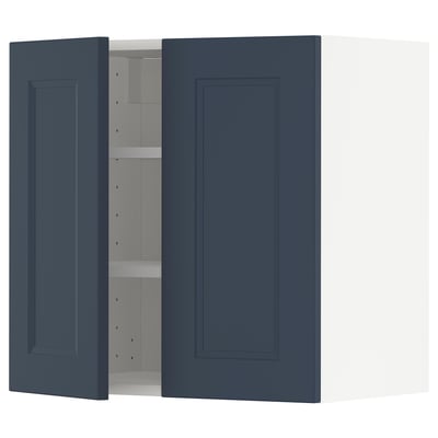 Blue METOD kitchen cabinet with one open door, rectangular shape, flat panel design.