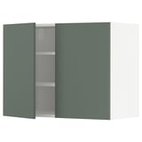 A modern wall cabinet in gray-green, featuring one open door and empty shelves.