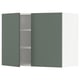 A modern wall cabinet in gray-green, featuring one open door and empty shelves.