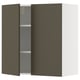 Modern dark kitchen cabinet with one open door, 2 shelves, dark brown/beige color, rectangle shape.