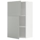 Modern light gray ikea METOD kitchen cabinet, tall and rectangular with open section.