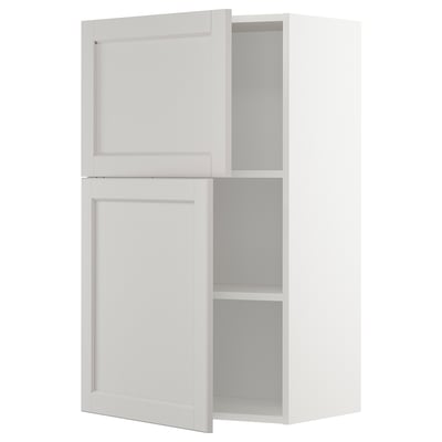 White kitchen wall cabinet, rectangular, two doors, adjustable shelves.