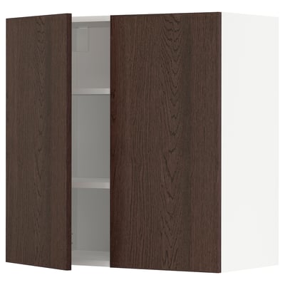 Dark wood cabinet with two doors open, revealing shelves. Modern design, sturdy frame, snap hinges.