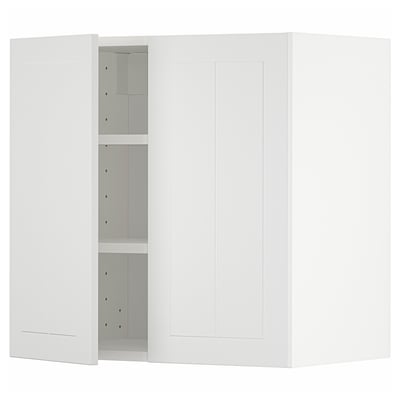 White METOD kitchen cabinet, modern design, wall-mounted, featuring two doors and adjustable shelves.