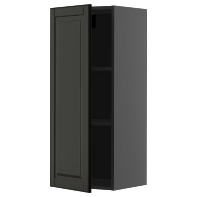 Black METOD kitchen wall cabinet. Sleek, tall, rectangular shape with one adjustable shelf. Modern, minimalist design with beveled edges.