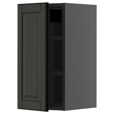 Modern black wall cabinet with adjustable shelf, beveled door edges.