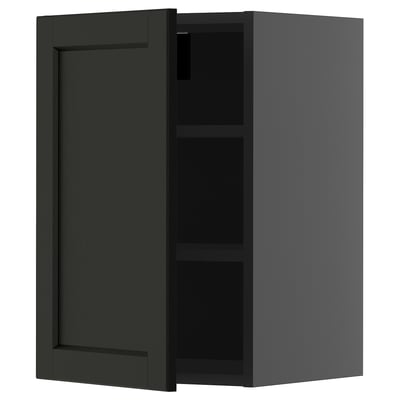 Black stained, square kitchen cabinet with beveled door and shelf.