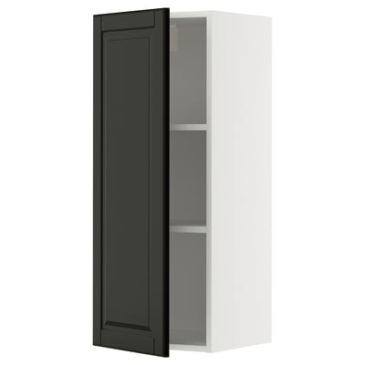 Modern black and white cabinet with adjustable shelves.