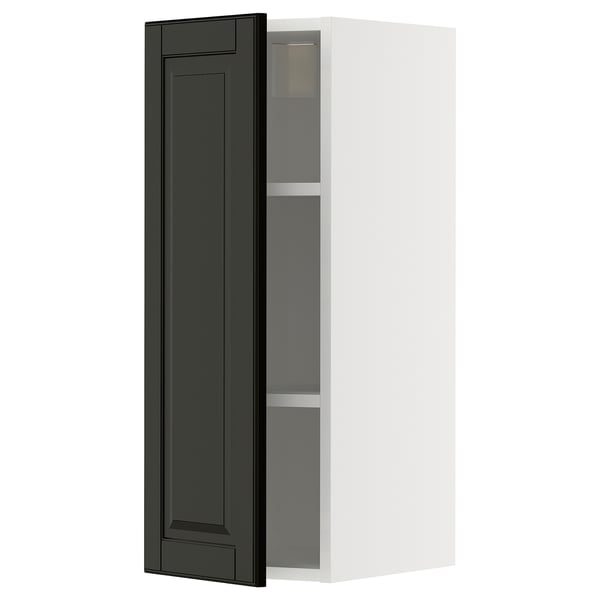 Black beveled-edge cabinet door, white wall unit, tall rectangular shape with 2 shelves.