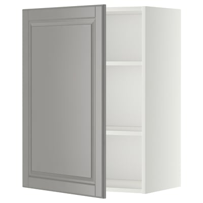 Modern grey kitchen cabinet with white shelves.
