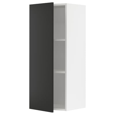 Modern black and white kitchen cabinet with two shelves.