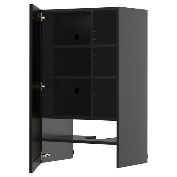 Black wall-mounted cabinet with adjustable shelves, sleek handle-less design.