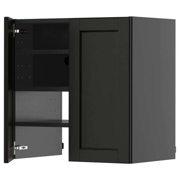 A dark-stained wooden cabinet with one door open, revealing adjustable shelves inside.