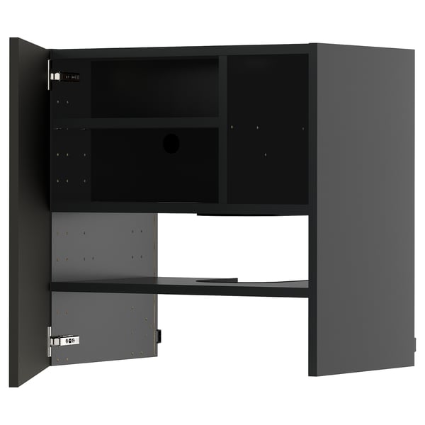The METOD kitchen cabinet in black has two open doors, exposing adjustable shelves inside. Its modern and functional.