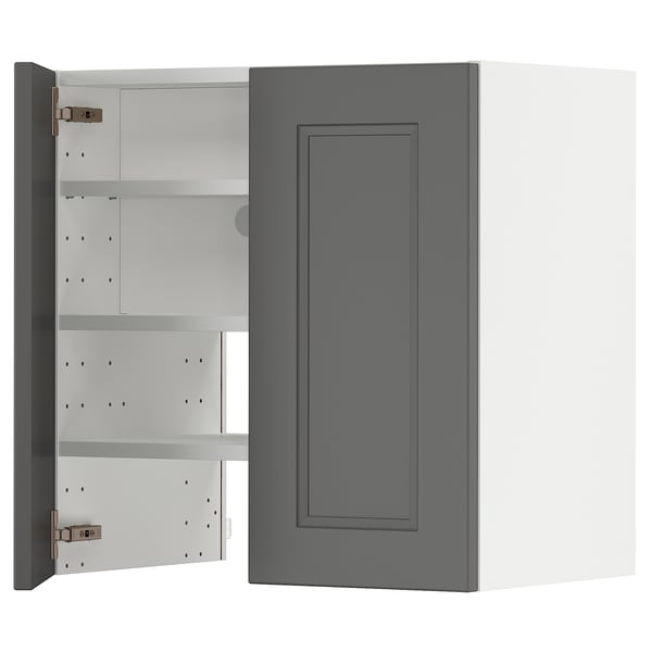 Modern grey METOD cabinet, square shape, three shelves, adjustable, snap hinges.
