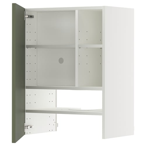 METOD kitchen cabinet in grey-green, with three shelves and open doors.
