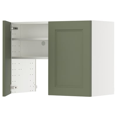 Olive green ikea METOD wall cabinet with adjustable shelves.