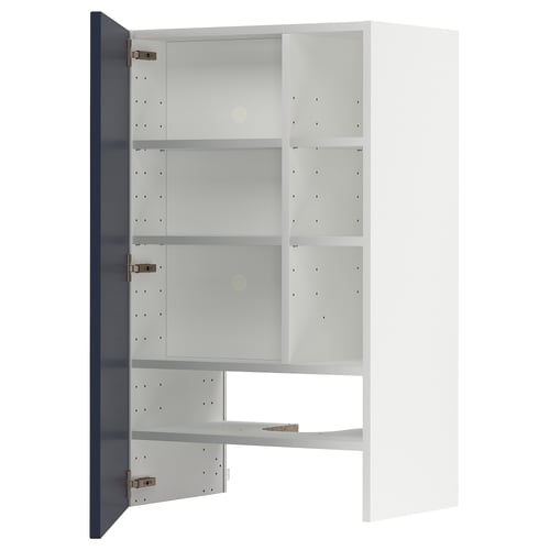 A blue METOD cabinet with adjustable shelves, designed for kitchens. It has a modern look with a durable frame and snap-on hinges.