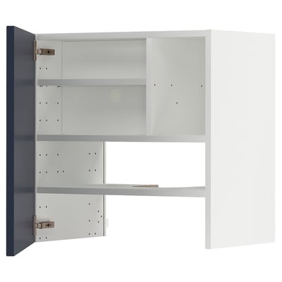 METOD blue kitchen cabinet, modern, rectangular, 3 shelves, open doors.