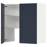 A blue METOD kitchen cabinet with an open door revealing adjustable shelves. Its rectangular with steel hinges.