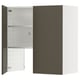 A dark brown/beige METOD kitchen cabinet with an open door, revealing an adjustable shelf inside.
