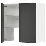 A modern black and white wall-mounted cabinet with one open door, featuring adjustable shelves inside.