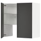 A modern black and white wall-mounted cabinet with one open door, featuring adjustable shelves inside.