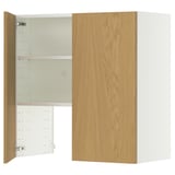 A white METOD cabinet with a wooden door. It has adjustable shelves and is designed for kitchen storage.