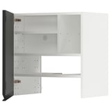Modern white cabinet with open door, three shelves, gray back.