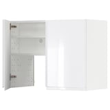 A white METOD kitchen cabinet with high-gloss finish and snap-on hinges. It has one open and one closed door, with an adjustable shelf inside.