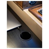MICKE dark gray desk with laptop and cable outlet, wooden tray, pens.