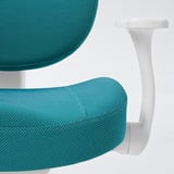 Close-up of teal mesh office chair with white armrests and adjustable height.