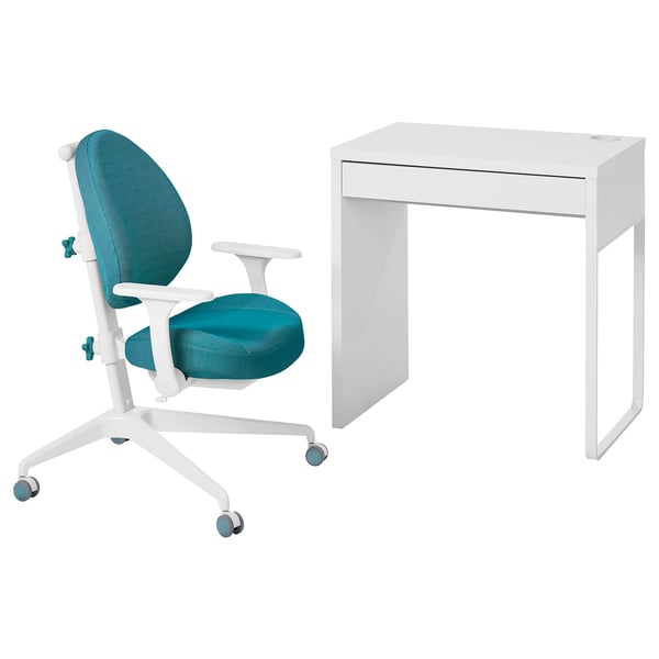 White desk with single drawer, beside teal mesh back chair with white frame.