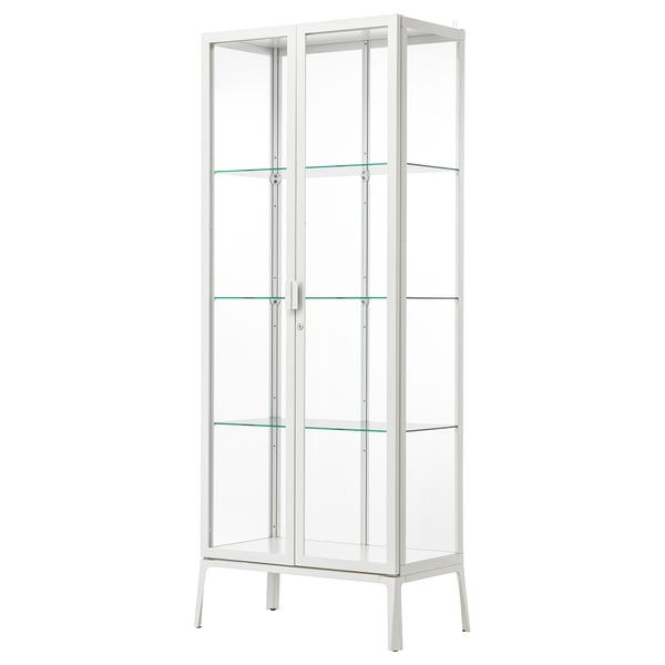MILSBO glass-door cabinet in white. Minimalist, sleek design with adjustable glass shelves. Use for display or secure storage.