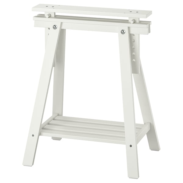 A white MITTBACK trestle table base, featuring adjustable tilt and sturdy wooden legs.